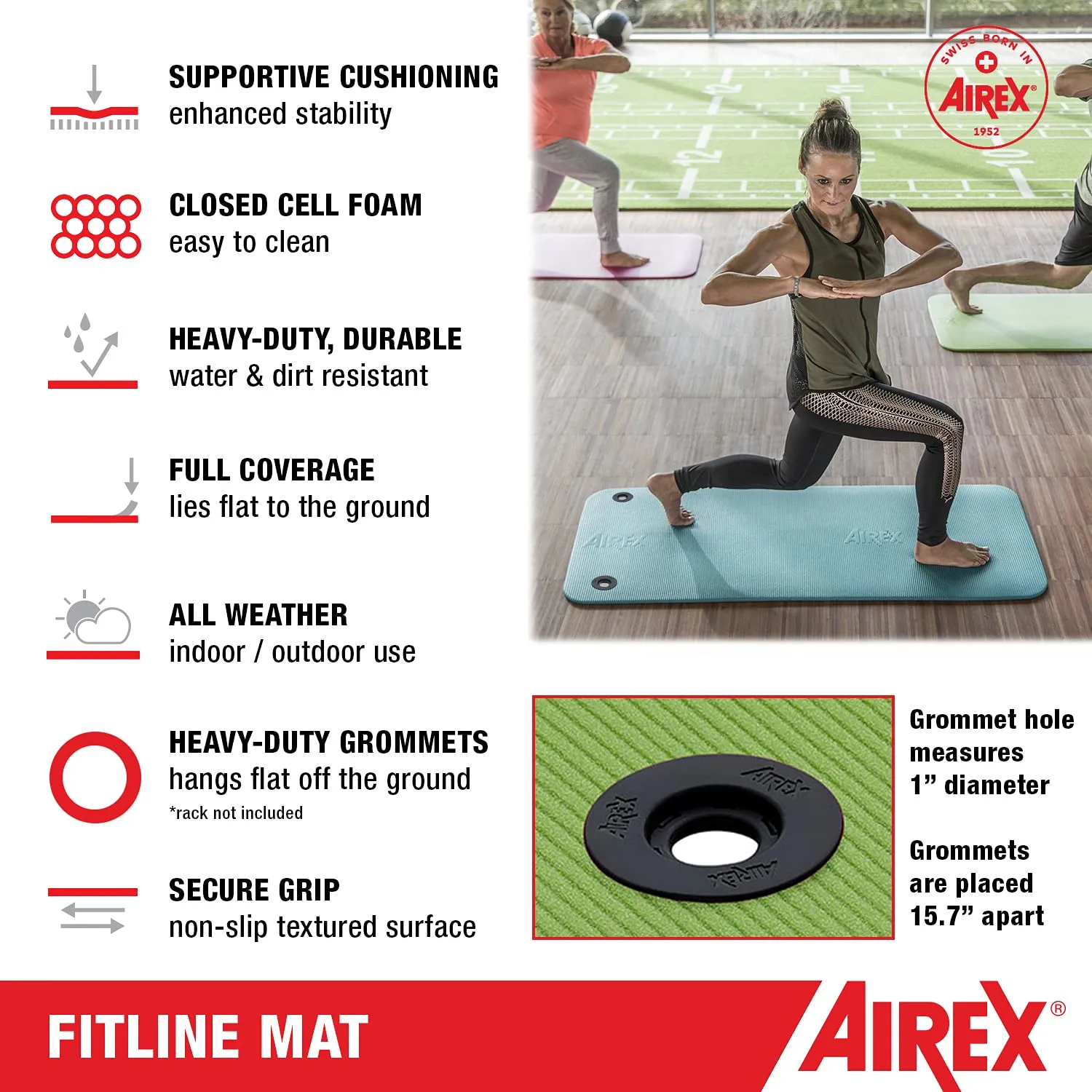 AIREX Fitline 140 Premium Exercise Mat - Home Workout Mat for Rehabilitation, Strength Training, Water Aerobics, Exercise, Fitness, Home Workouts 56" x 23", Charcoal, With Hanging Grommets