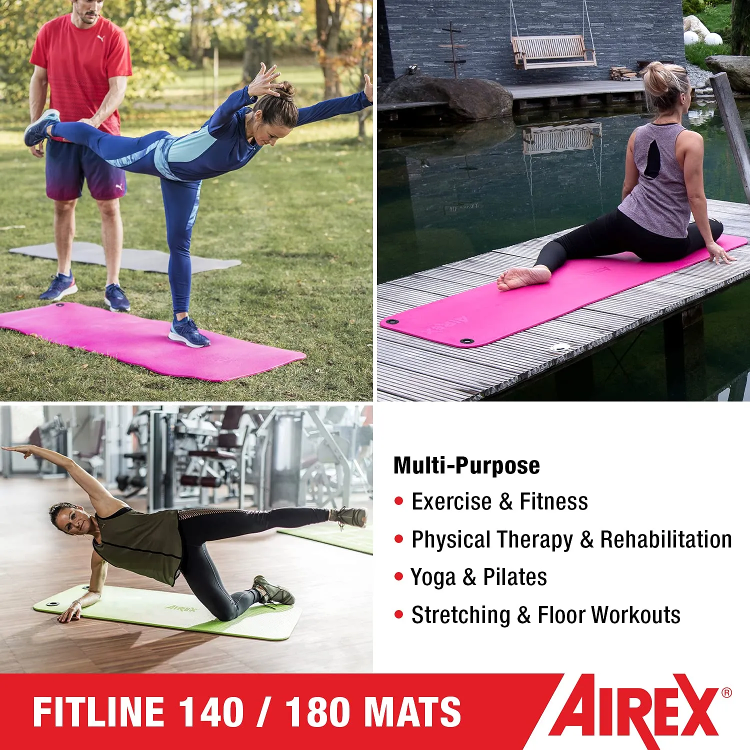 AIREX Fitline 140 Premium Exercise Mat - Home Workout Mat for Rehabilitation, Strength Training, Water Aerobics, Exercise, Fitness, Home Workouts 56" x 23", Charcoal, With Hanging Grommets