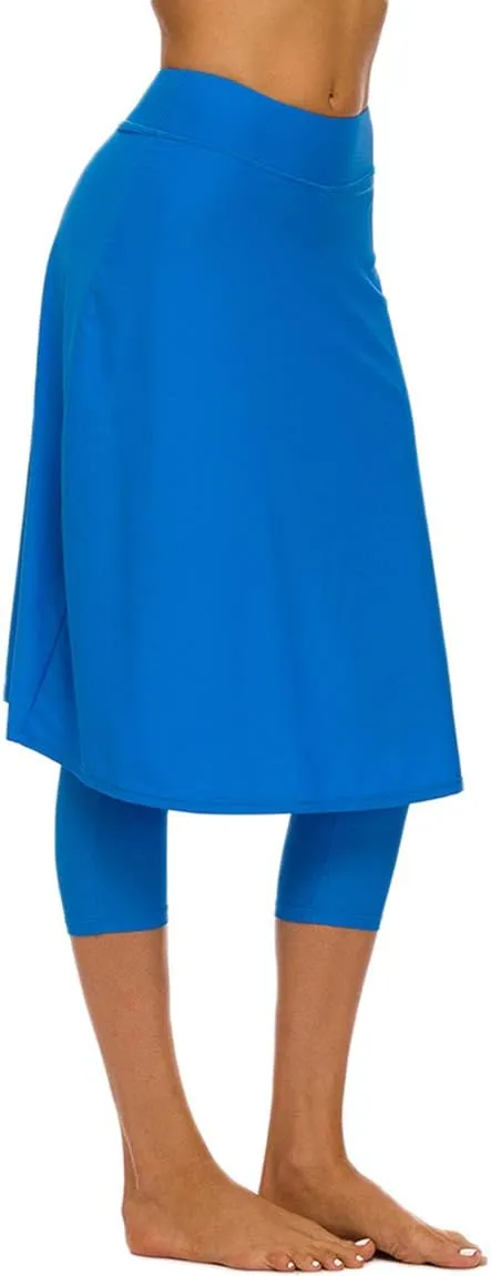 Akaeys Women's Modest Extra Long Swim Skirt with Capris Leggings Active Skirted Swimwear