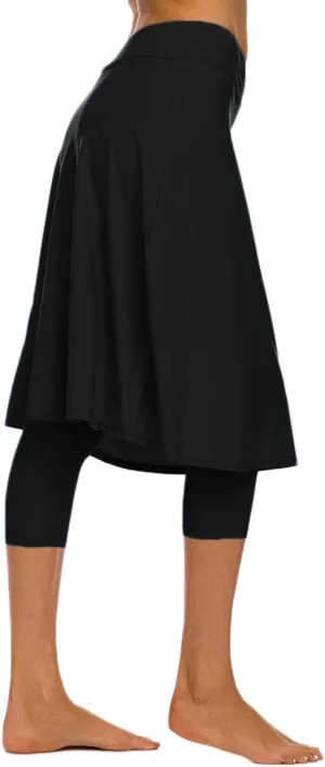 Akaeys Women's Modest Extra Long Swim Skirt with Capris Leggings Active Skirted Swimwear