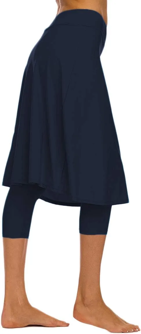 Akaeys Women's Modest Extra Long Swim Skirt with Capris Leggings Active Skirted Swimwear