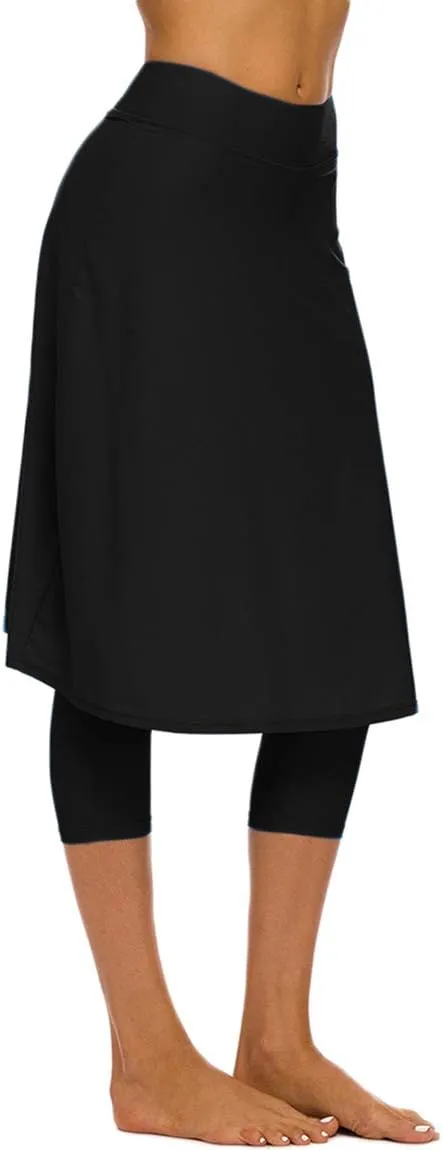 Akaeys Women's Modest Extra Long Swim Skirt with Capris Leggings Active Skirted Swimwear