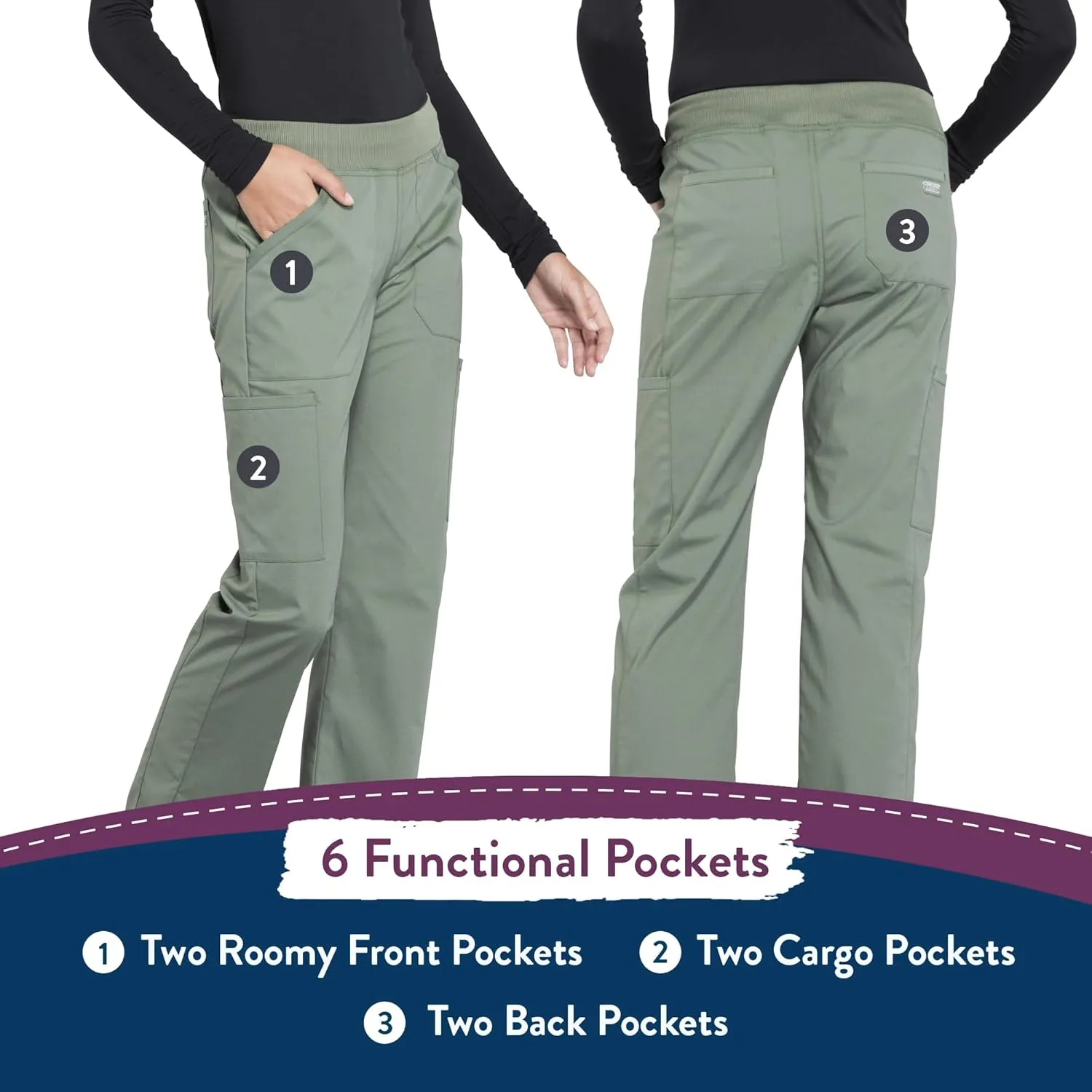 Cherokee Women's Scrub Pants Mid Rise Straight Leg Pull-on Cargo Pant with 6 Pockets & 2-Way Stretch Fabric - WW170