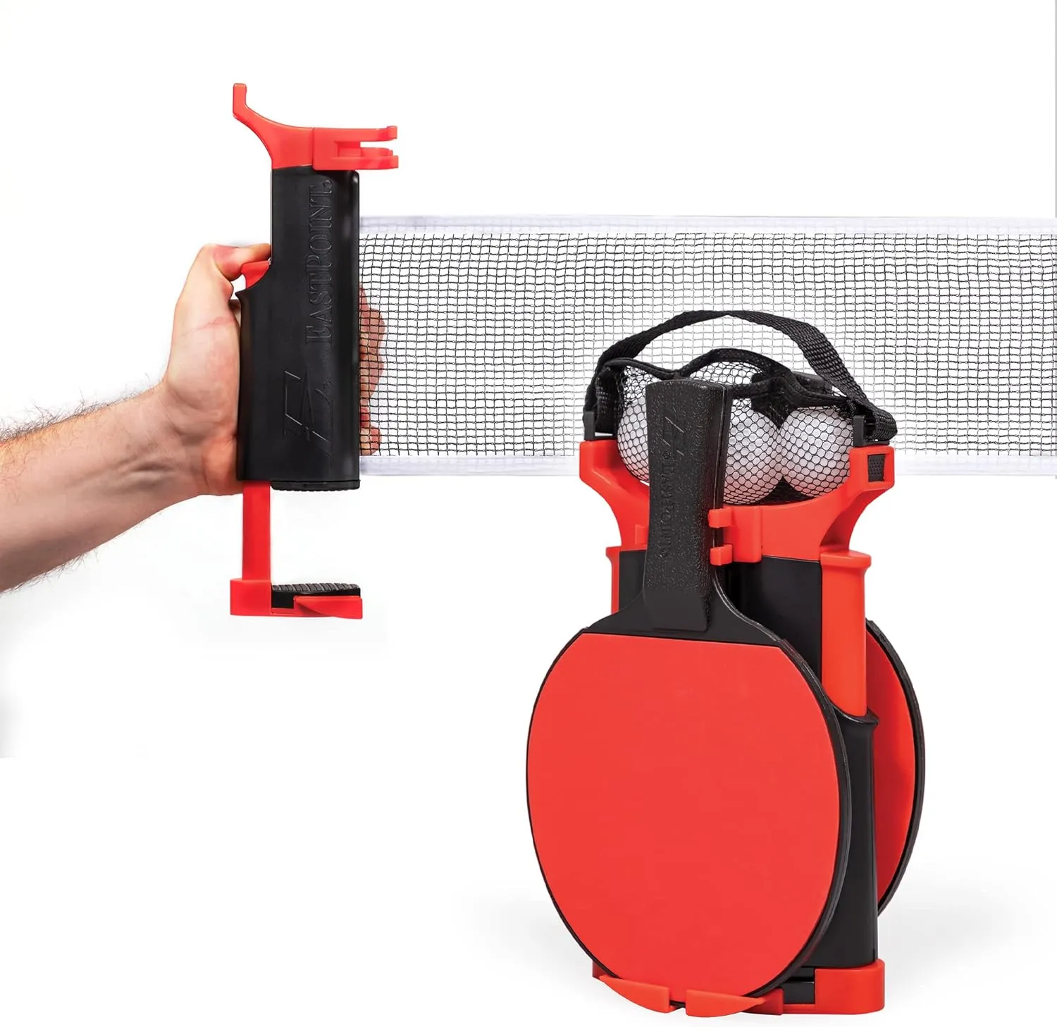 EastPoint Sports Everywhere Table Tennis Net & Paddle Set - Play Ping Pong Anywhere! Retractable Net Fits Most Tables Up to 60" Wide - 2 Table Tennis Paddles and 3 Ping Pong Balls, Red/Black