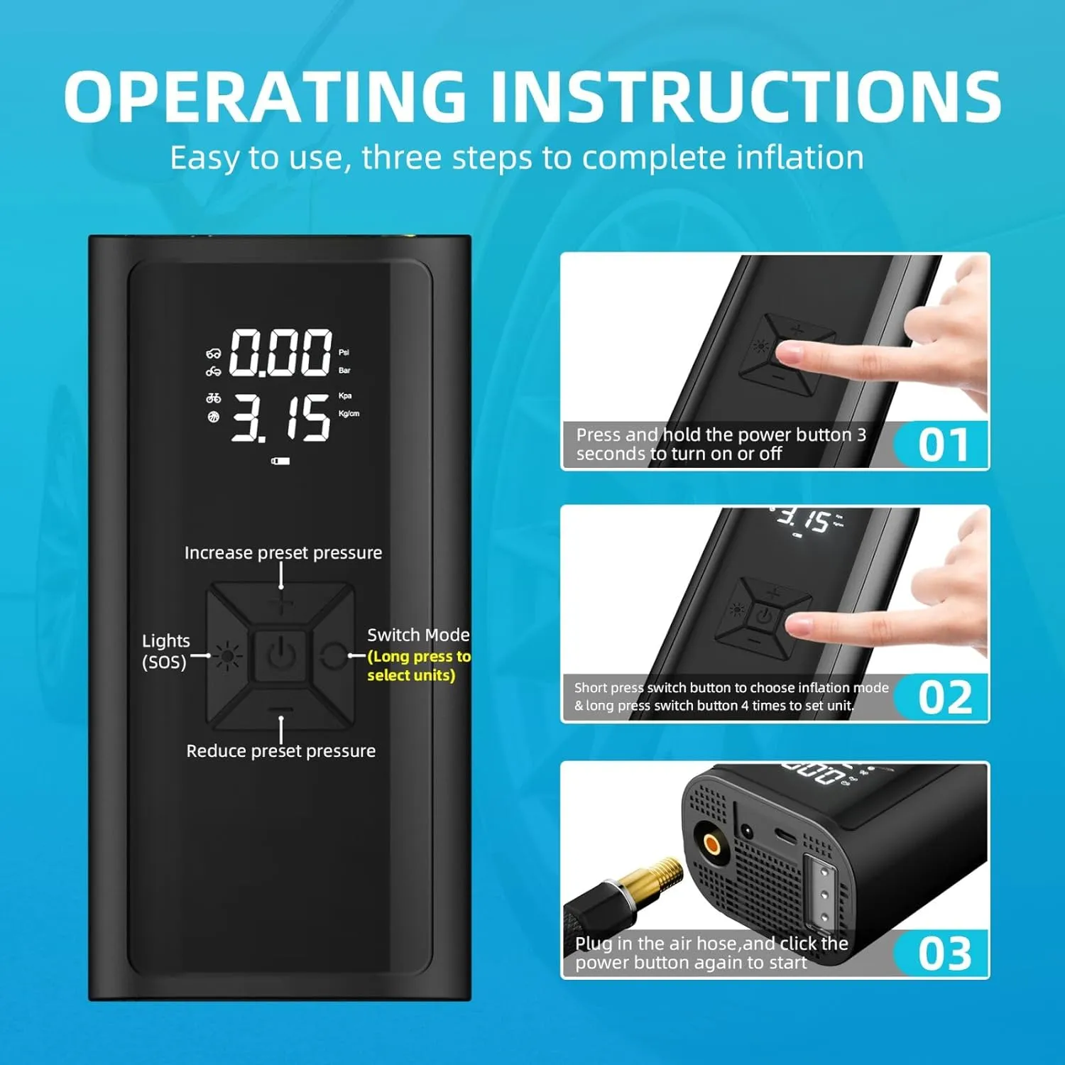 Led Light Tire Inflator Portable Air Compressor Pump with Digital Tire Pressure Gauge Bn-link