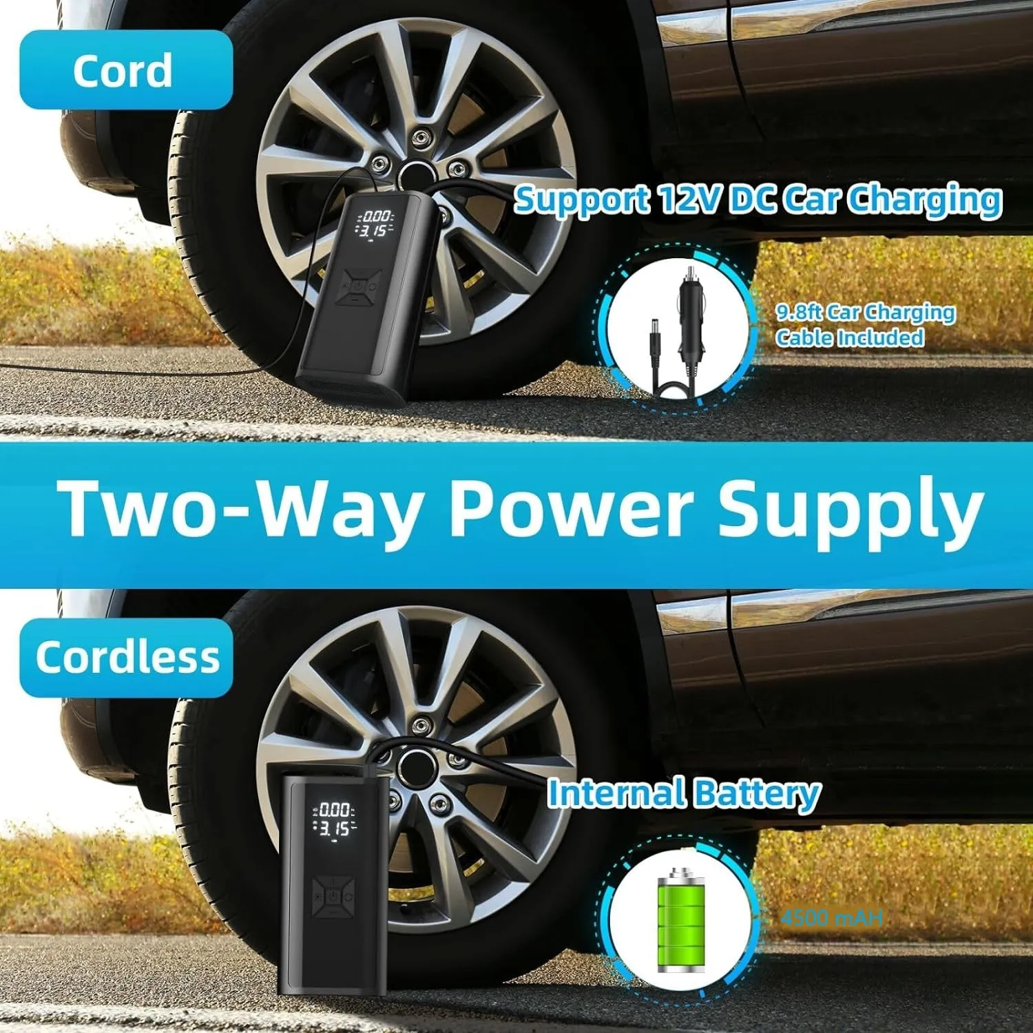 Led Light Tire Inflator Portable Air Compressor Pump with Digital Tire Pressure Gauge Bn-link