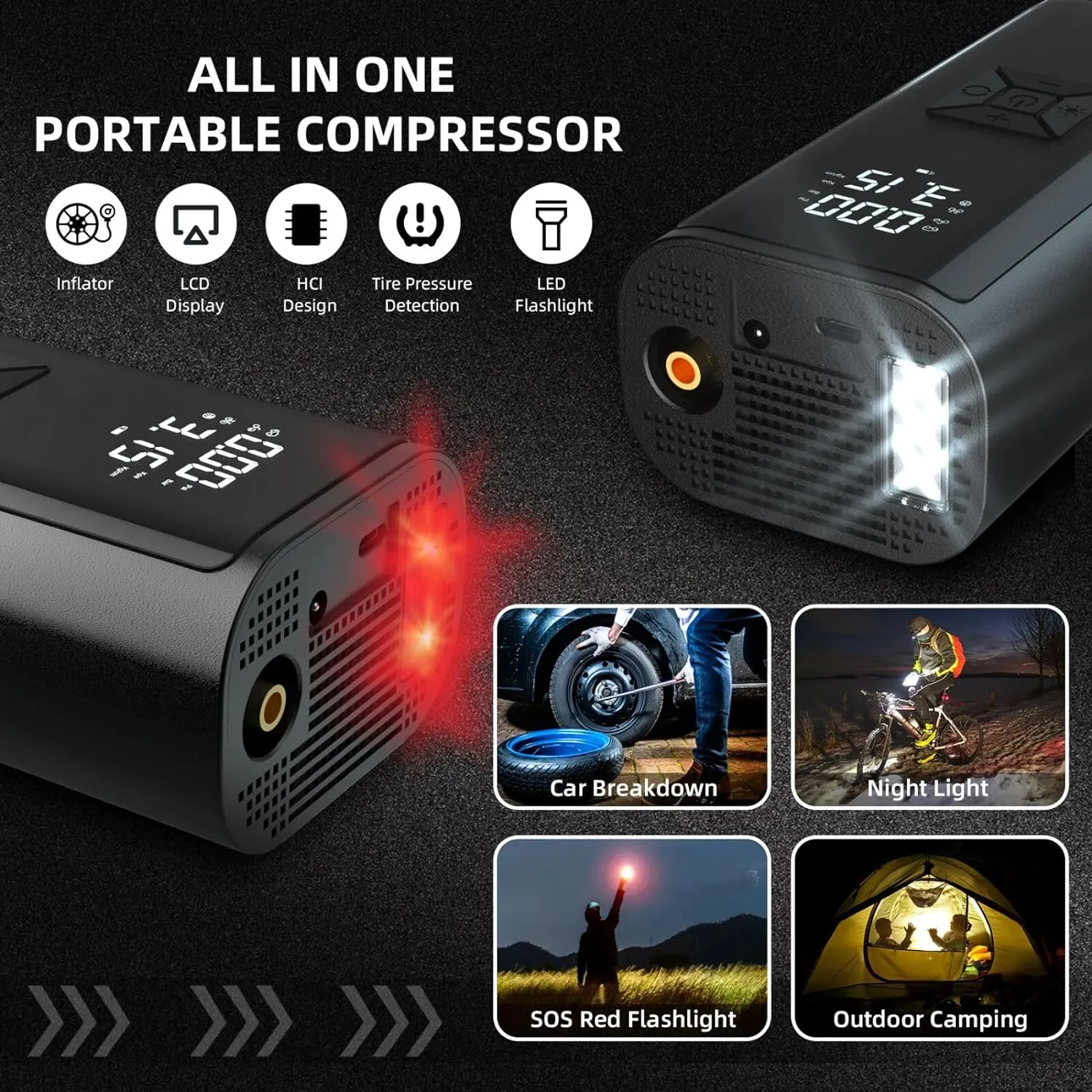 Led Light Tire Inflator Portable Air Compressor Pump with Digital Tire Pressure Gauge Bn-link