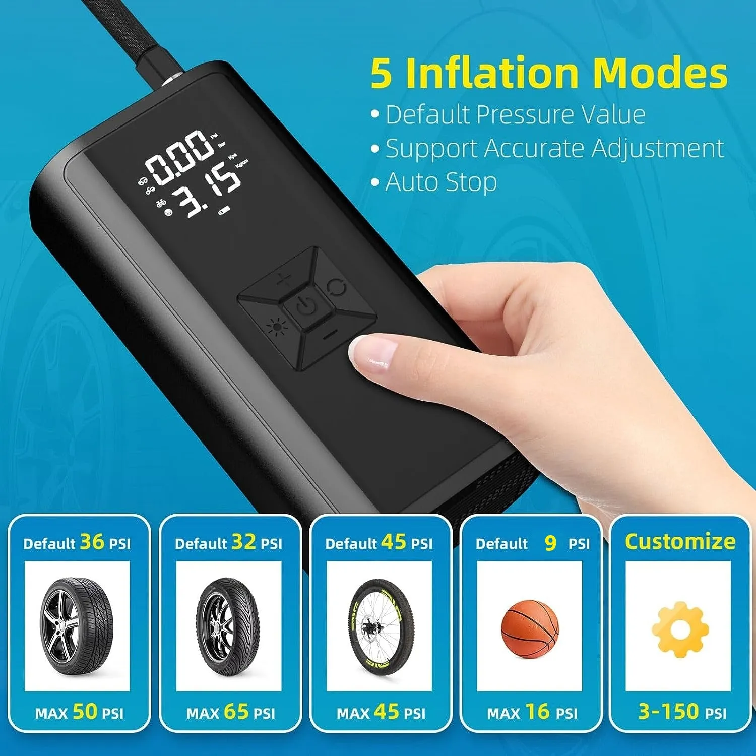 Led Light Tire Inflator Portable Air Compressor Pump with Digital Tire Pressure Gauge Bn-link