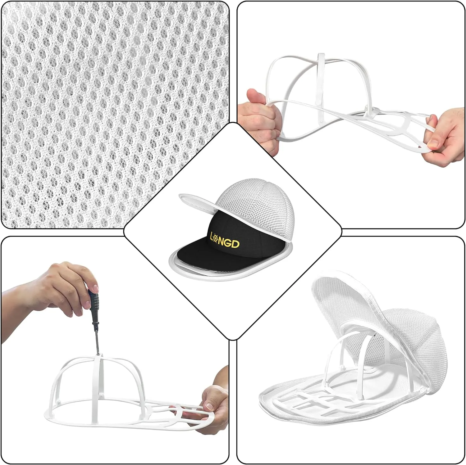 LONGD Baseball Cap Washer Cage - Sturdy Frame Laundry Protector for Adult/Kids Hats, Machine Safe Cleaner (1-Pack)