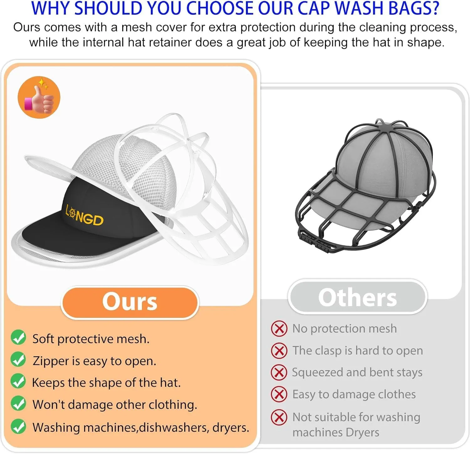 LONGD Baseball Cap Washer Cage - Sturdy Frame Laundry Protector for Adult/Kids Hats, Machine Safe Cleaner (1-Pack)