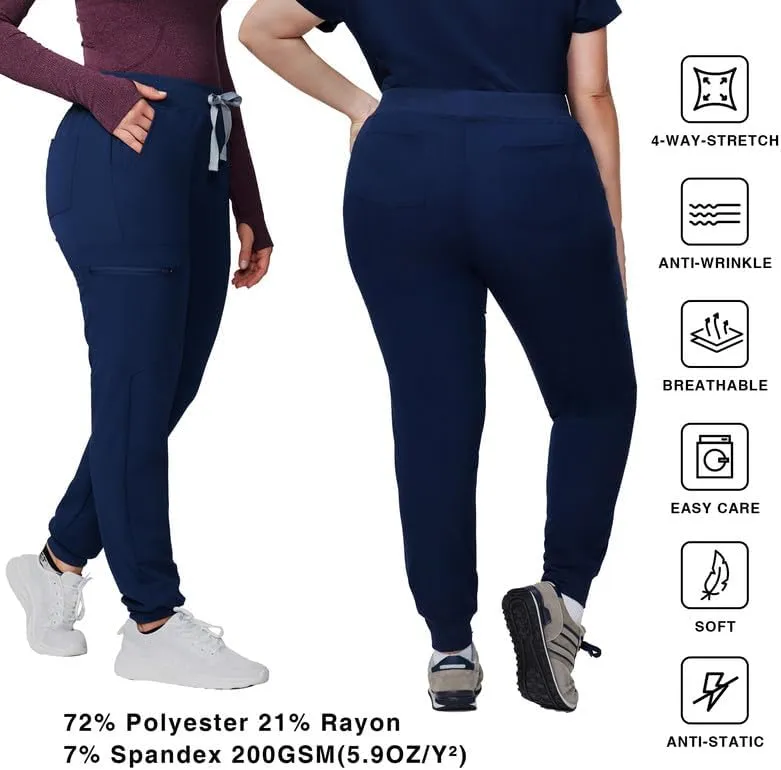 Medical Scrub Pants for Women - Mid Rise 4-Way Stretch Anti-Wrinkle Slim Fit Jogger Pants, Drawstring & 5 Pockets