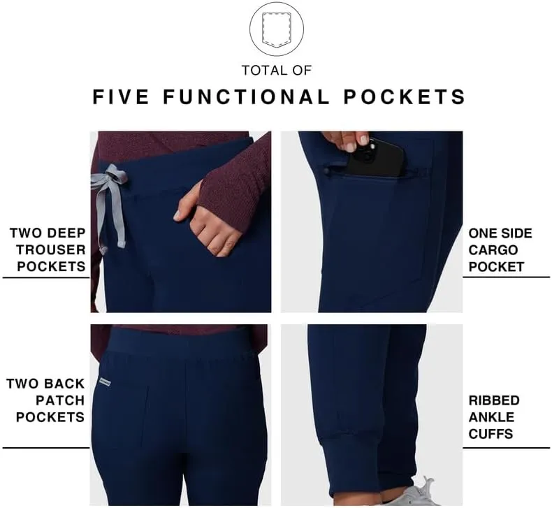 Medical Scrub Pants for Women - Mid Rise 4-Way Stretch Anti-Wrinkle Slim Fit Jogger Pants, Drawstring & 5 Pockets