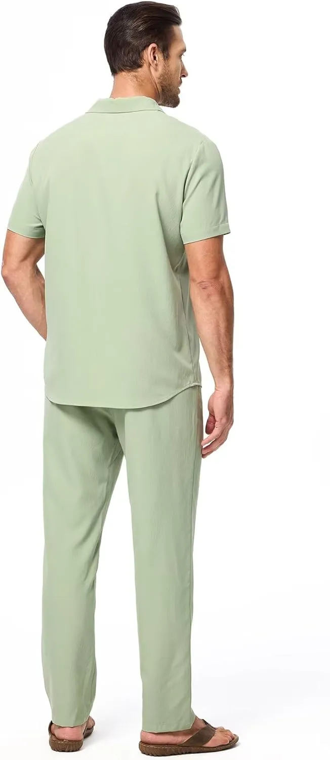 Men's Beach Outfit 2 Piece Casual Button Down Shirt Short Sleeve Loose Shirts and Pants Vacation Sets for Men