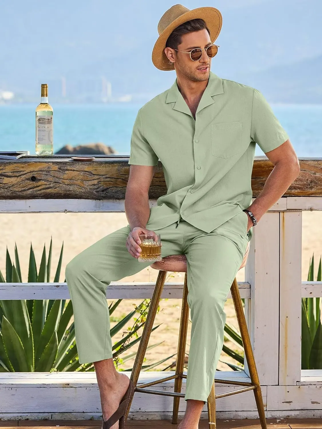 Men's Beach Outfit 2 Piece Casual Button Down Shirt Short Sleeve Loose Shirts and Pants Vacation Sets for Men