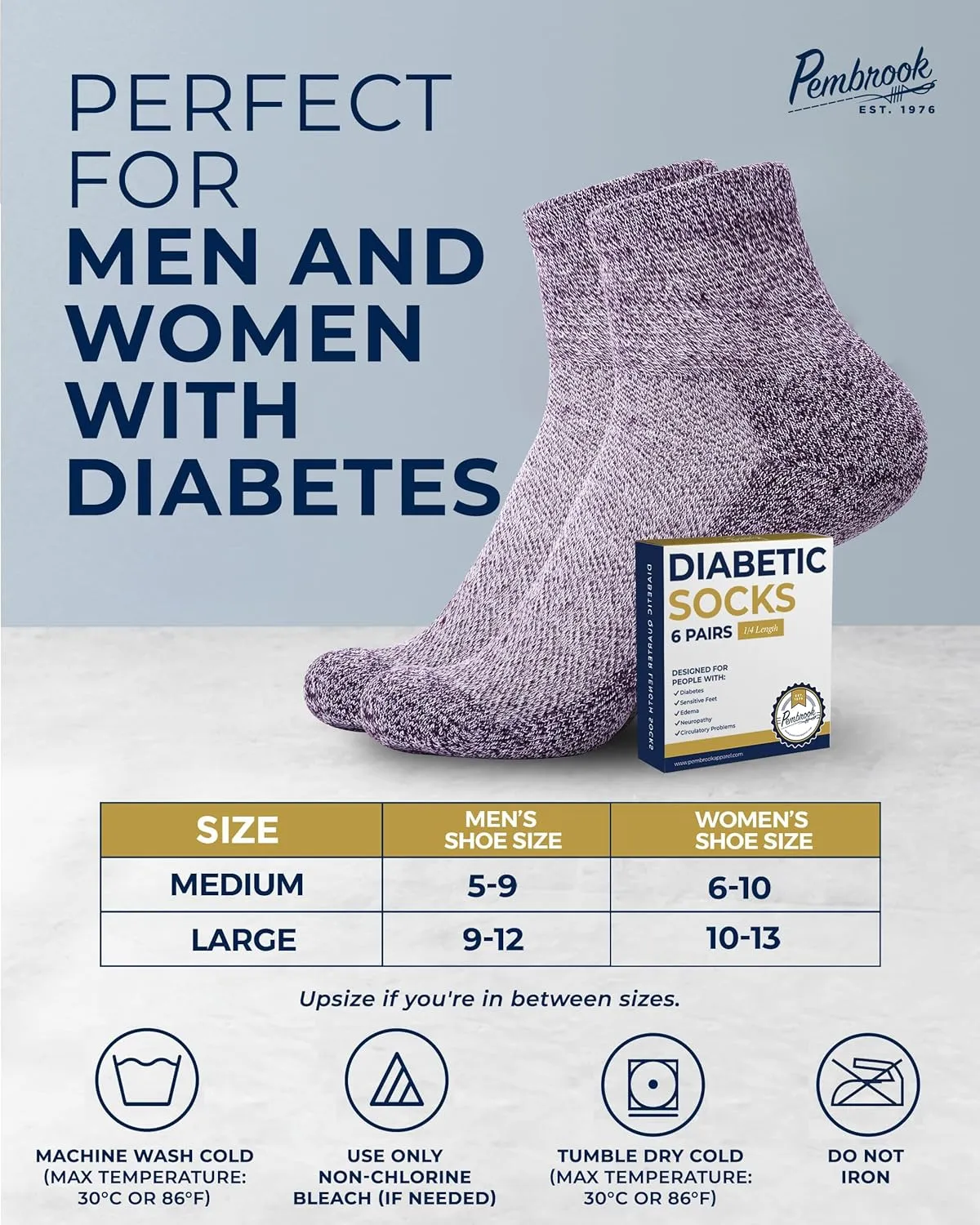 Pembrook Ankle Diabetic Socks for Women & Men | 6 Pairs | Wide Non Binding Socks Quarter Length | Edema Neuropathy Socks