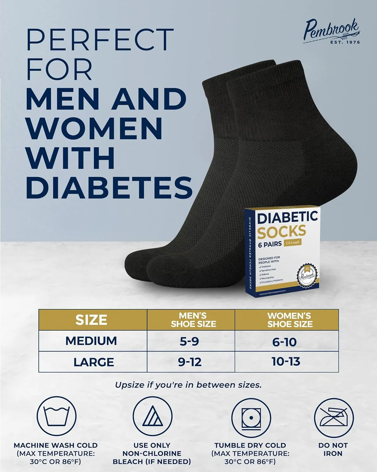 Pembrook Ankle Diabetic Socks for Women & Men | 6 Pairs | Wide Non Binding Socks Quarter Length | Edema Neuropathy Socks