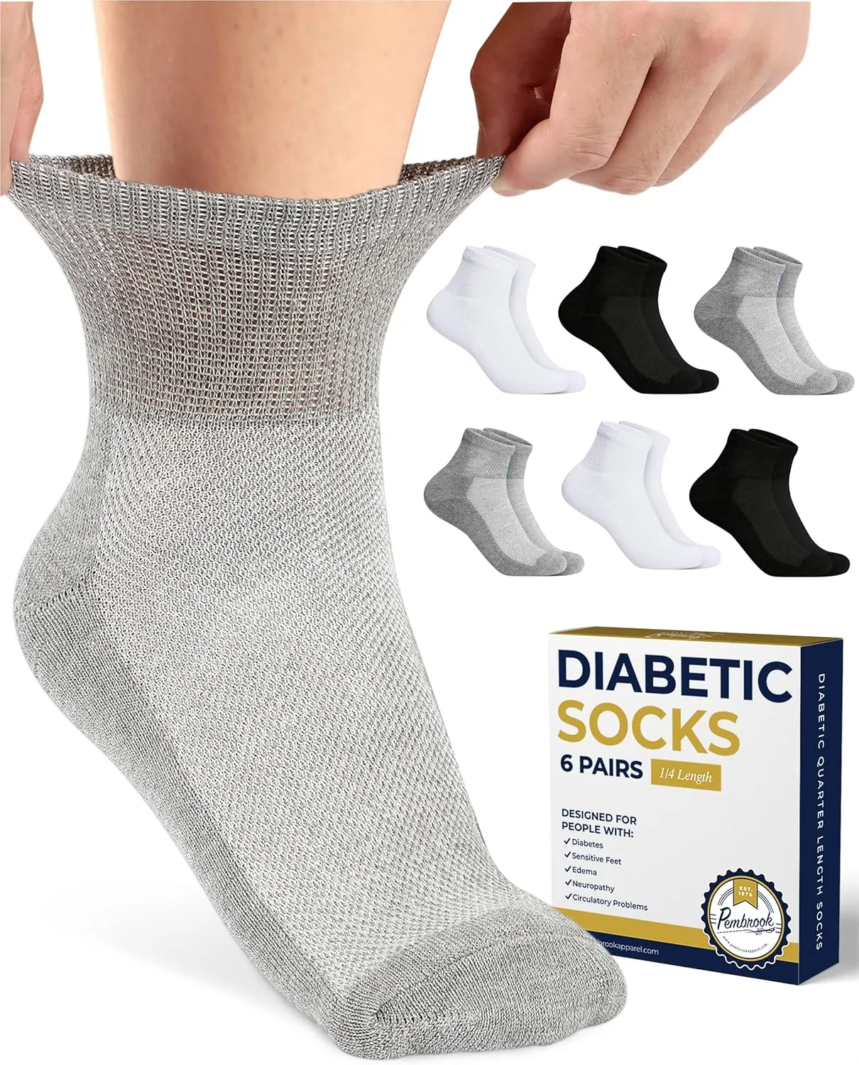 Pembrook Ankle Diabetic Socks for Women & Men | 6 Pairs | Wide Non Binding Socks Quarter Length | Edema Neuropathy Socks