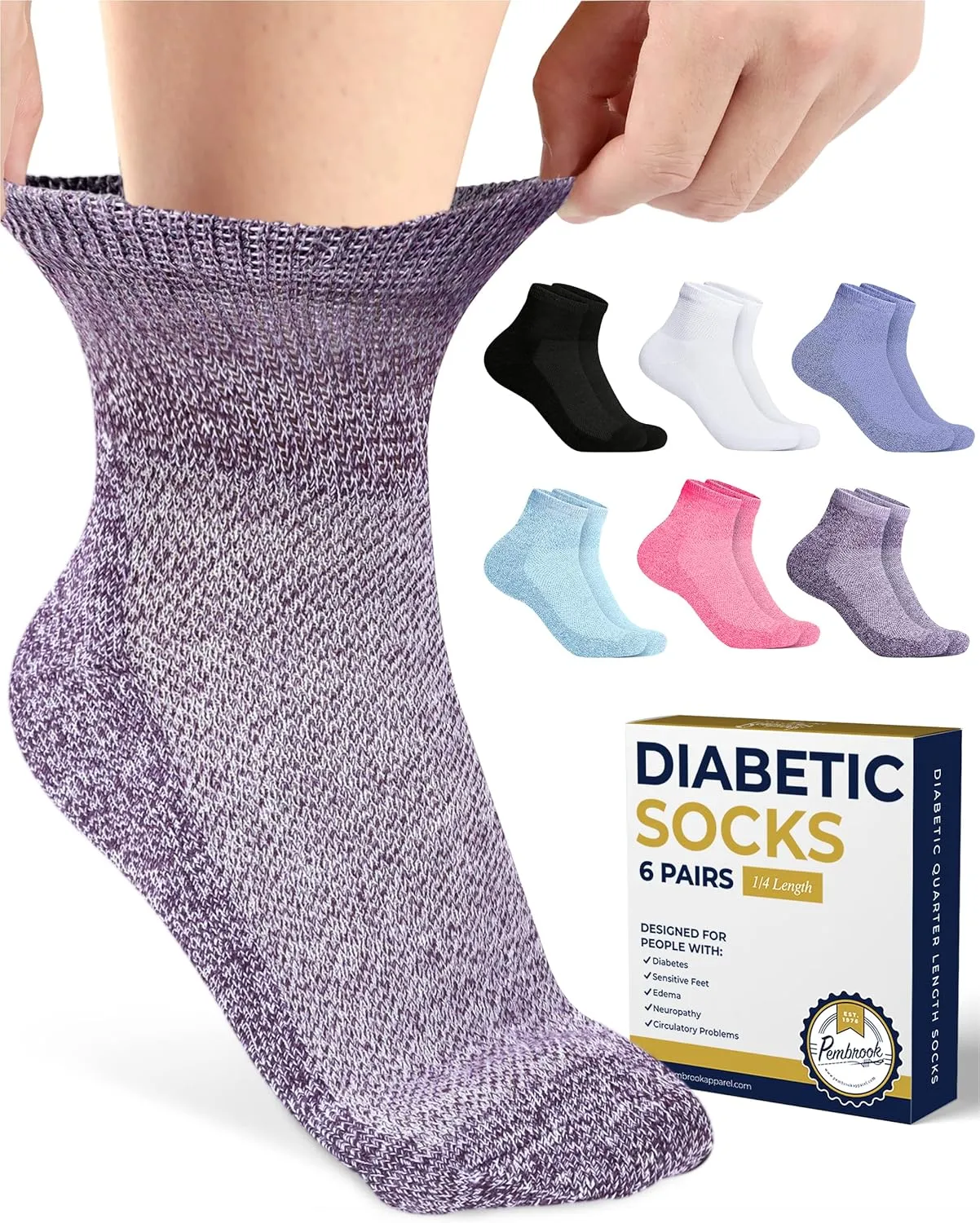 Pembrook Ankle Diabetic Socks for Women & Men | 6 Pairs | Wide Non Binding Socks Quarter Length | Edema Neuropathy Socks
