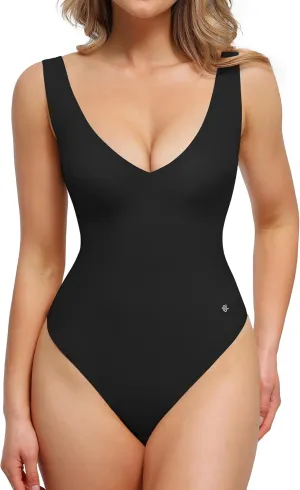 Popilush Body Suits for Women - Going Out Tank Tops - Plunge Deep V Neck Backless Sleeveless Tummy Control Shapewear Bodysuit