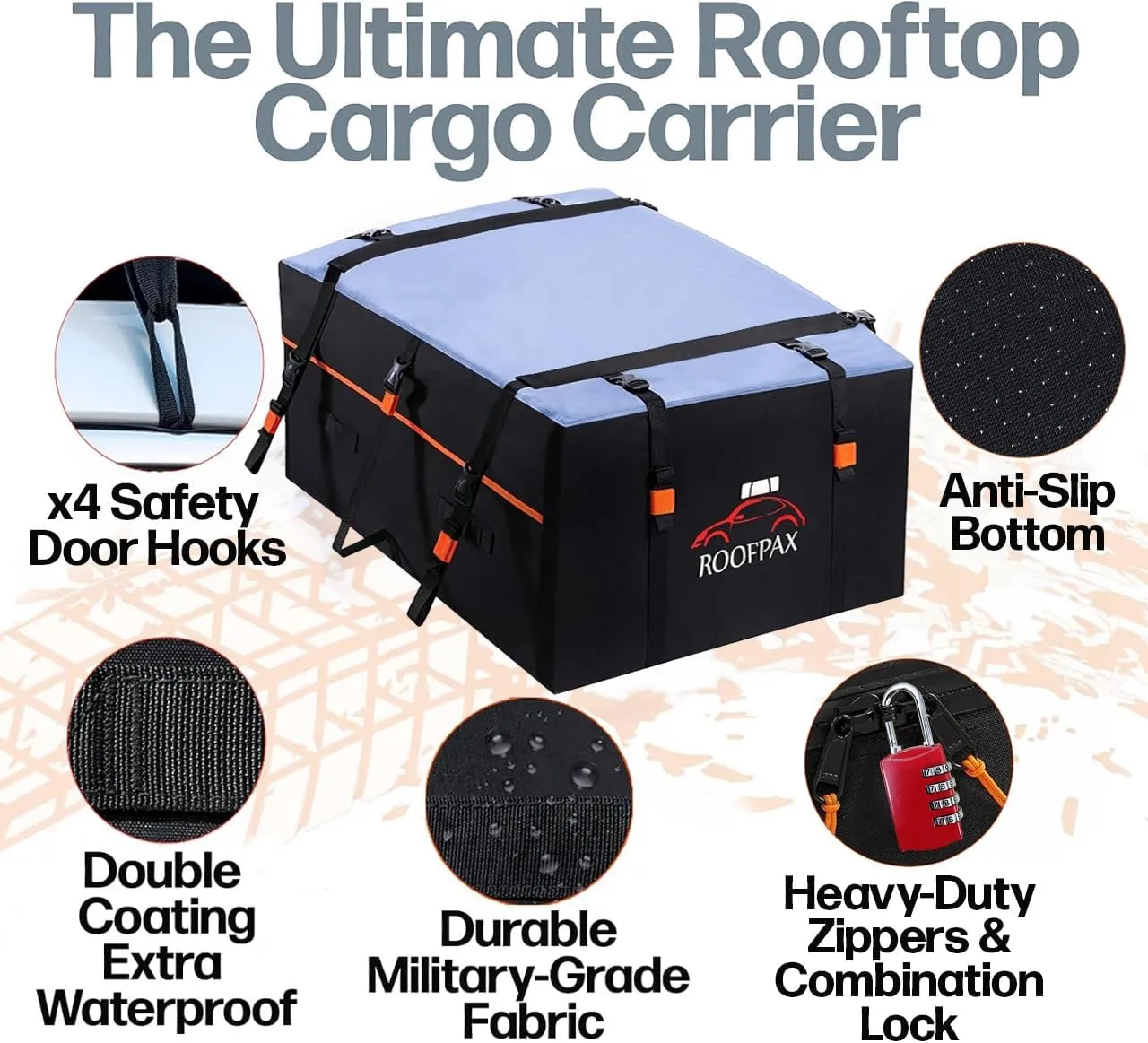 RoofPax Waterproof 19 Cubic Feet Rooftop Cargo Carrier Bag  Heavy Duty Car Roof Storage with Double Zipper & Tie Down Straps  Fits Cars with or Without Roof Rack