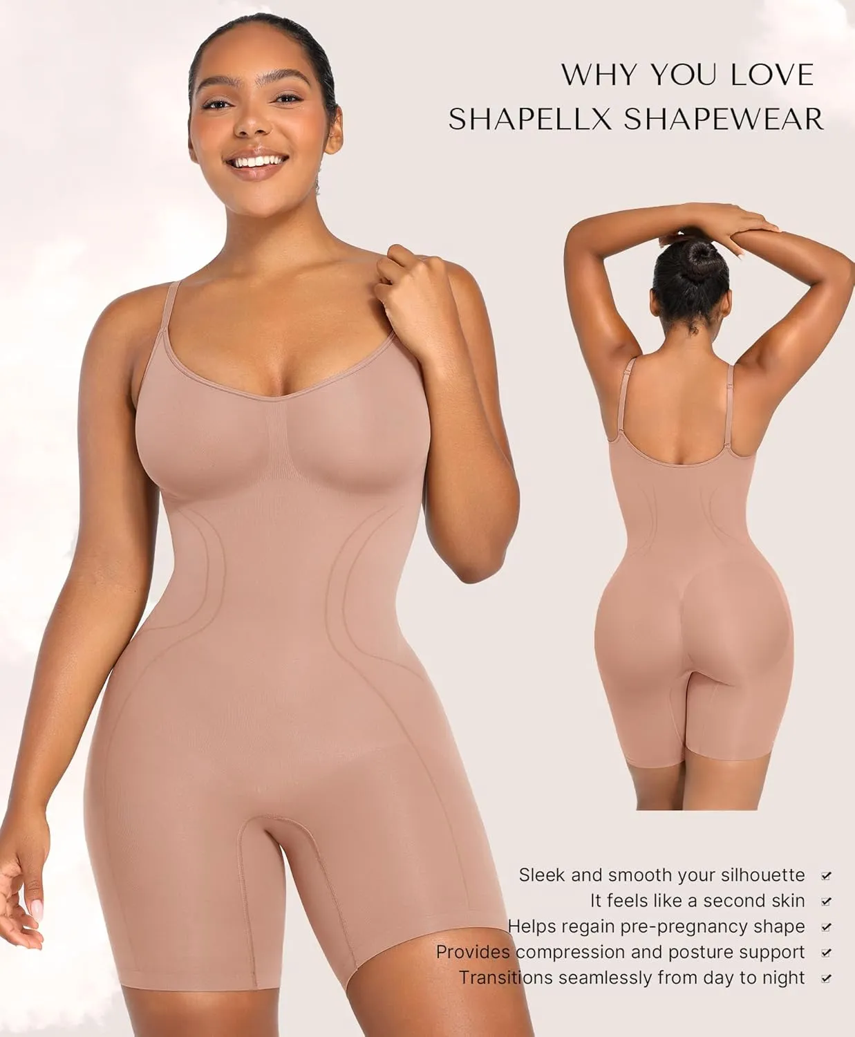 SHAPELLX Shapewear for Women Tummy Control Compression Seamless Body Shaper Slimming Bodysuit Top Thigh Slim Butt Lift