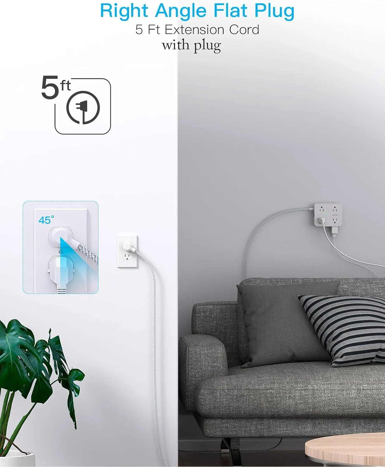 Surge Protector Power Strip - HANYCONY 8 Outlets 4 USB (2 USB C) Charging Ports, Multi Plug Outlet Extender, 5Ft Braided Extension Cord, Flat Plug Wall Mount Desk Charging Station for Home Office ETL
